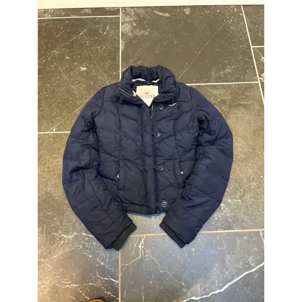 Hollister Navy Blue Puffer Jacket Women Small Quilted Full Zip Button Coat